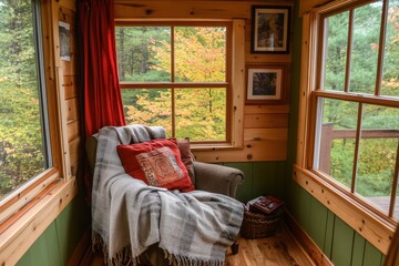 Cozy Interior of a Rustic Cabin with View of Fall Foliage Through Large Windows, Emphasizing Warmth and Natural Beauty in a Comfortable Retreat