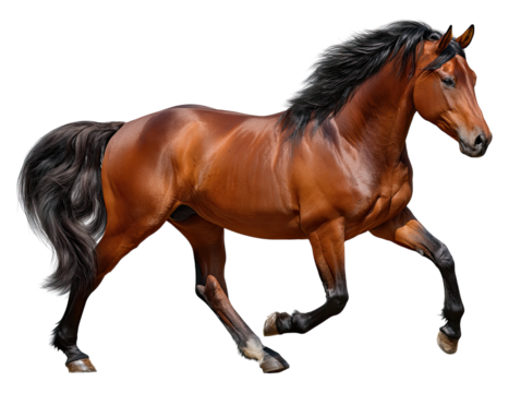 Majestic Horse in Motion: Capturing the essence of freedom and power, a magnificent brown horse strides gracefully, its flowing mane and tail accentuating its dynamic movement and robust physique.