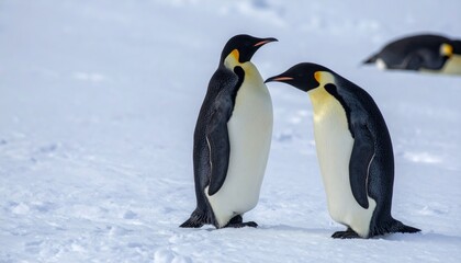 Obraz premium Emperor penguins standing on snow in Antarctica under a clear blue sky