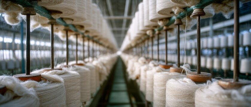 Parallel rows of white yarn spools stretch endlessly in a bustling textile factory, showcasing the intricate art of weaving against an industrial backdrop.