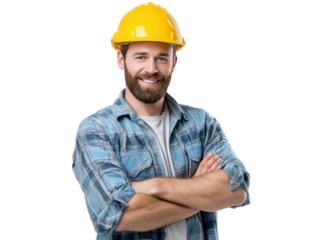 Smiling Construction Worker: A portrait of a cheerful construction worker with a beard, wearing a yellow hard hat and denim shirt, standing with his arms crossed. He exudes confidence and expertise. 