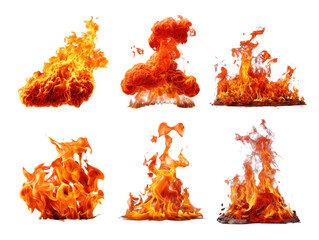 Fiery Element's Fusion: Six diverse fire formations, radiating intense heat and vibrant hues, captivate with their dynamic energy and raw power. showcasing nature's untamed might.