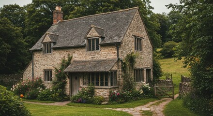 Fototapeta premium Charming Stone Cottage nestled in Lush Greenery idyllic countryside home