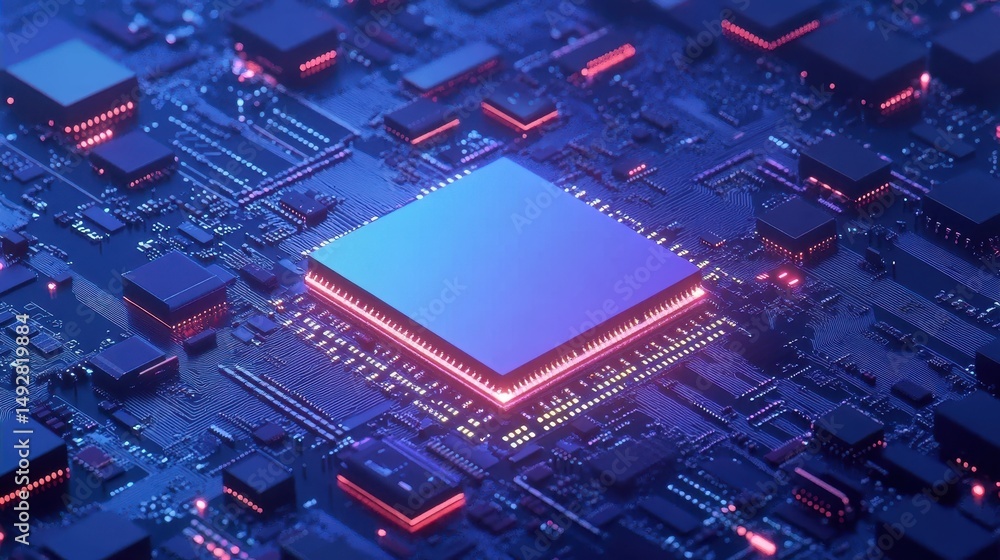 Poster close-up of a blue and red glowing computer microchip circuit board. perfect for tech blogs, ai arti