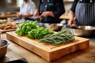 Chefs preparing fresh herbs on a wooden cutting board in a bustling kitchen during a culinary workshop