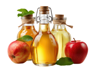 Apple Cider Vinegar Assortment: Glass bottles showcasing apple cider vinegar variants, alongside vibrant apple, compose a crisp and pure still life that highlight wellness.