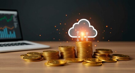 Laptop showing graphs beside coins with cloud icon on a wooden surface