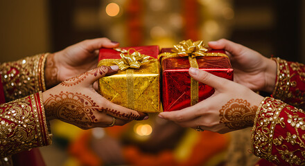 Hands Presenting Two Wrapped Gifts with Henna and Gold Embellishments