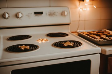 Cozy Kitchen Scene with Gingerbread Cookies Baking on the Stove and Holiday Vibes in a Warmly Lit Environment Perfect for Home Cooking and Festive Celebrations