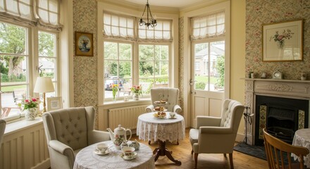 Fototapeta premium Elegant Afternoon Tea Room Interior with Bay Window Floral Wallpaper and Vintage Furniture