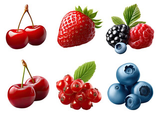 Fresh Berries Collection: A vibrant collection of fresh berries including strawberries, cherries, raspberries, blackberries, and blueberries, ideal for culinary, health, or lifestyle projects.