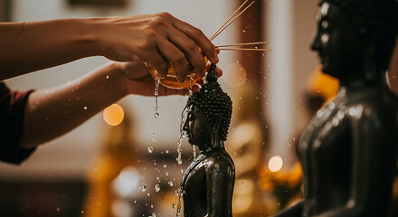 Hands Pouring Water Over a Buddha Statue Symbolic Ritual Closeup View