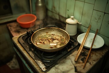 Cozy Kitchen Scene with Simmering Food on Stove, Wooden Chopsticks, Vintage Cookware, and Rustic Tiles Evoking Warmth and Culinary Tradition