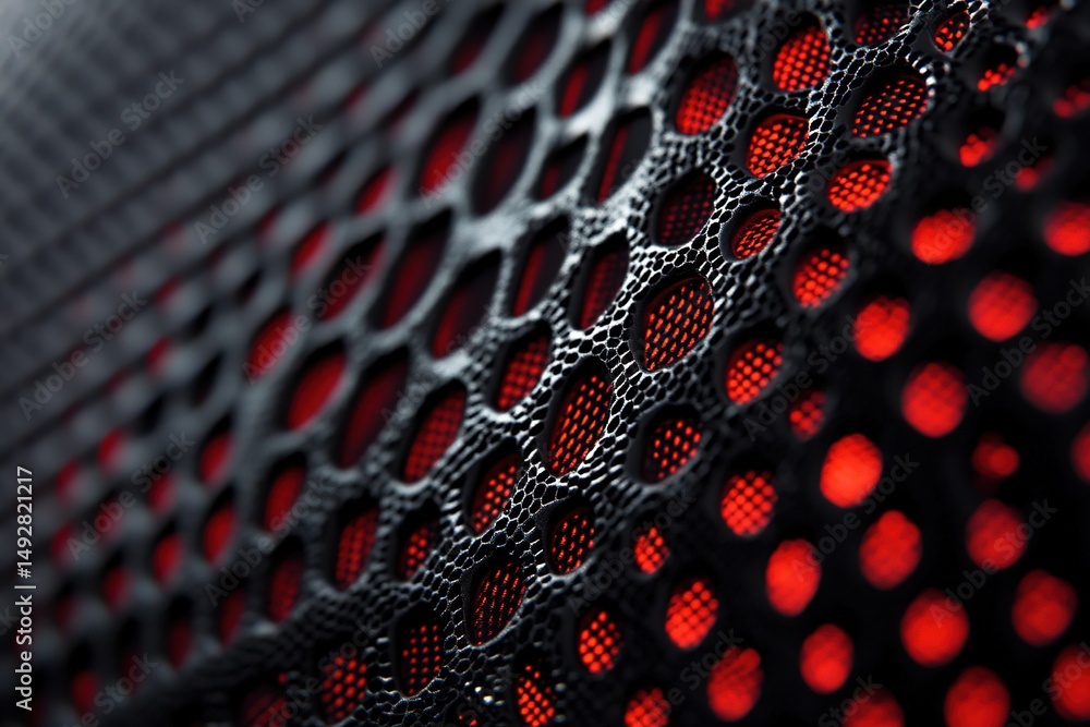 Poster 3d black and red tech mesh texture with depth and dynamic light play.