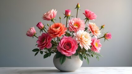 Floral Still Life: Pink Roses and Dahlias in Elegant Arrangement on Tabletop, Soft Lighting, Grey Background