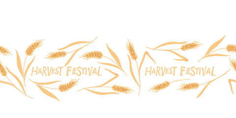 Seamless Spikelets Border. Flet vector illustration. Golden stalks of wheat with seeds. Agricultural product. Repeated background for wallpaper, scrap, wrapper. Seamless border with wheat © Елена Кутузова