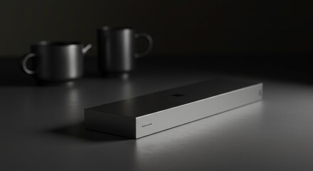 Sleek Modern Rectangle Device with Out of Focus Coffee Cups on Dark Surface