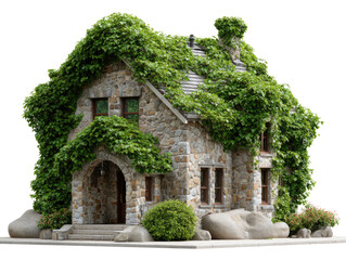 Rustic Stone Cottage: Nestled amidst verdant foliage, this enchanting stone cottage exudes a timeless charm, blending seamlessly with the natural world, showcasing a serene, idyllic retreat.