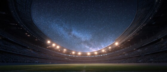 Stadium under starry night sky low angle view with bright lights and packed stands in outdoor venue