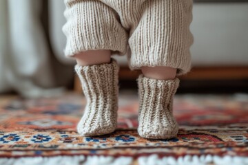 Cozy knitted baby booties on a textured rug, capturing warmth and comfort in a charming indoor setting with soft lighting and stylish decor.