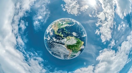 Naklejka premium Earth globe surrounded by fluffy clouds in vibrant blue sky.
