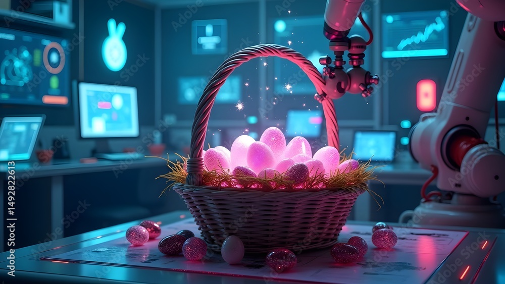 Aufkleber robotic easter: a futuristic easter egg assembly by an ai robotic arm in a hi-tech lab.