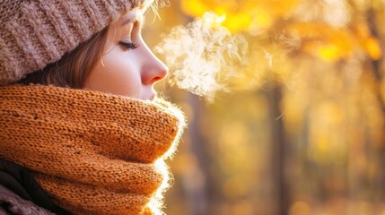 A person wearing a warm scarf, taking a deep breath of crisp autumn air in a forest