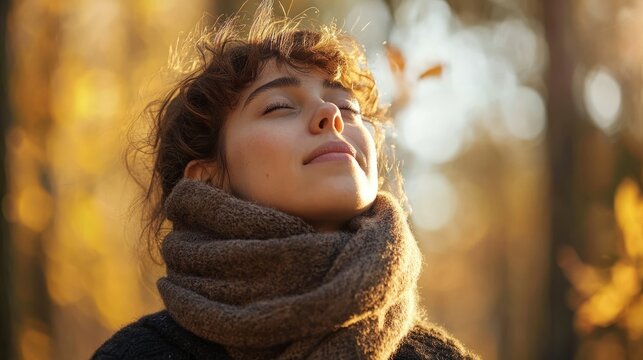 A person wearing a warm scarf, taking a deep breath of crisp autumn air in a forest