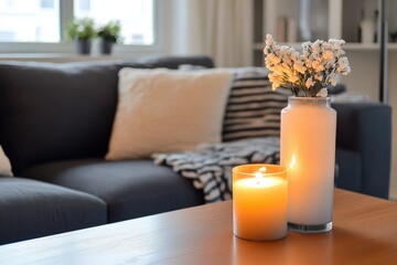 Cozy Living Room Decor Featuring Candles and Fresh Flowers on a Wooden Table with a Stylish Sofa and Natural Light Streaming In