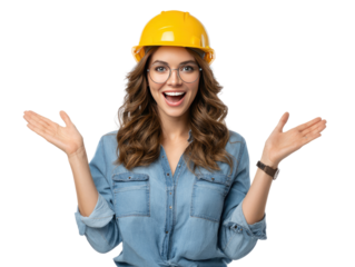 Happy Construction Worker: A joyous construction worker, radiating positivity and excitement, dons a vibrant yellow hard hat, showcasing her confident and approachable demeanor.