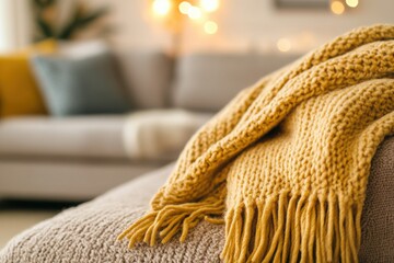 Cozy Living Room Atmosphere with a Thick Knit Yellow Blanket Draped Over a Soft Sofa and Warm Ambient Lighting Creating a Welcoming Space