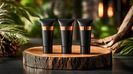 Travel-sized black cosmetic tubes on wooden slice
