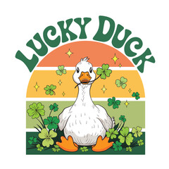 ‘Lucky Duck’ vector illustration. Cute duck sitting with a clover leaf in its beak