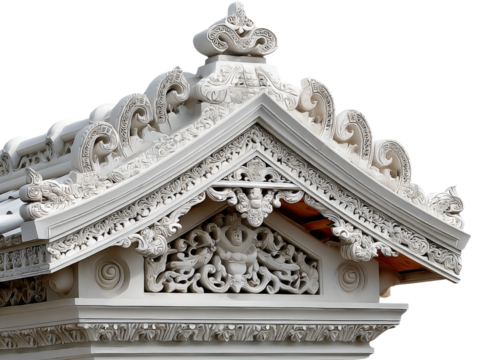 Intricate Temple Roof: Capturing the fine details of the intricate carvings and architectural design of a temple roof. Highlighting the unique artwork