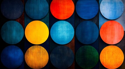Vibrant array of colorful, textured circular wooden discs arranged in a grid pattern against a dark background