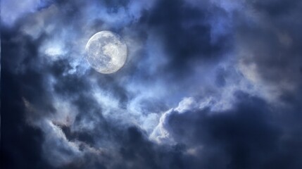 Full Moon Shining Through Dark Stormy Clouds at Night Dramatic Sky Atmospheric Celestial Phenomenon
