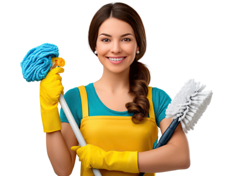 Smiling Cleaning Lady: A cheerful young woman with a bright smile, wearing yellow cleaning gloves and apron, confidently holds a mop and toilet brush, ready to tackle any cleaning task.