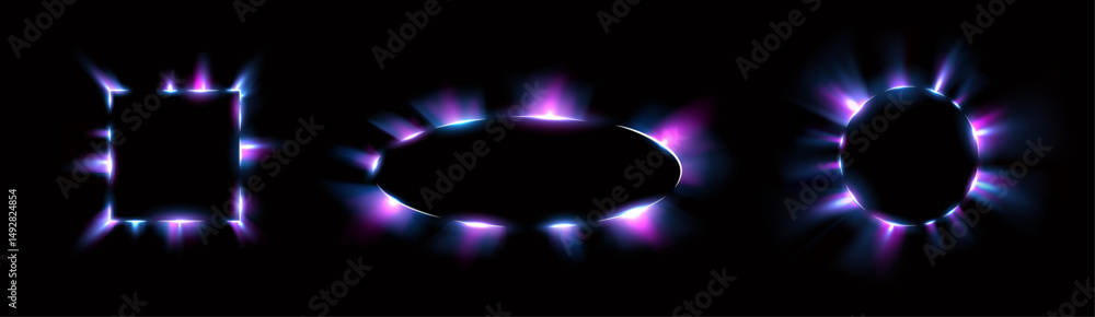 Poster banner with glowing neon tube and retro flare in 80s style using electric frame and digital light fo
