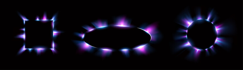 Banner with glowing neon tube and retro flare in 80s style using electric frame and digital light for dark casino background with party signboard set and transparent rectangular vector overlay

