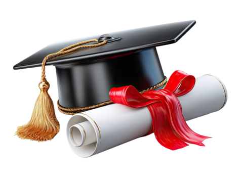 Graduation Day: A classic black graduation cap, adorned with a golden tassel, rests atop a rolled diploma tied with a vibrant red ribbon. This image is a symbol of accomplishment.