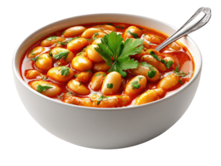 Savory Beans Delight: A vibrant, high-angle view showcases a delicious bowl of beans, bathed in a rich sauce and garnished with fresh parsley, promising a delightful culinary experience.