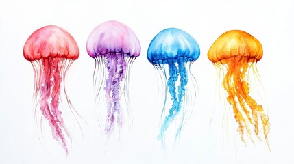 Four colorful jellyfish watercolor painting on white background.