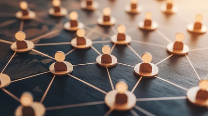 Conceptual network connections with wooden figures on dark surface