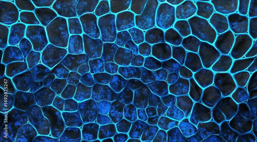 Poster blue wireframe mesh, futuristic 3d net pattern with glow effect.