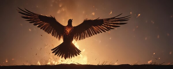 Obraz premium Burning avian silhouette, intense flames, outstretched wings, shadow, light