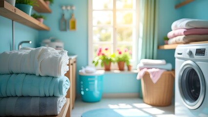 Bright, Clean Laundry Room with Stacked Towels and Washing Machine