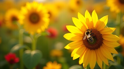 Obraz premium Honeybee collecting pollen on a vibrant sunflower in a field of bright yellow sunflowers