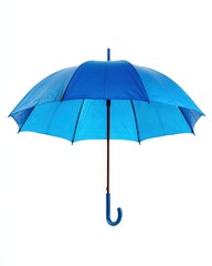 A vibrant blue umbrella stands out against a stark white background. Its sleek design and bright color make it a cheerful and stylish accessory for rainy days.