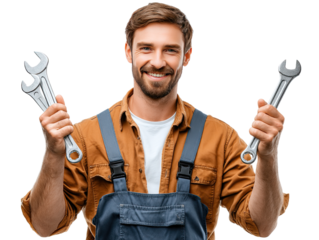 Mechanic with Wrenches: A skilled and cheerful mechanic confidently holds two wrenches, ready to tackle any mechanical challenge with expertise and a smile.
