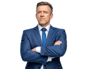 Confident Business Man: A serious, determined business man in a blue suit and tie, with arms crossed, represents leadership, confidence, and ambition in a professional setting.